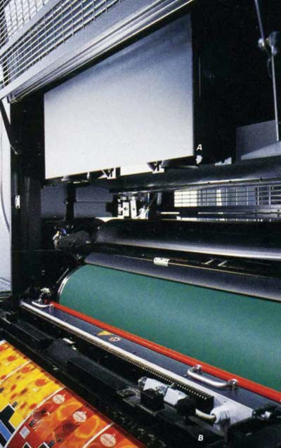Рис. 4. Общий вид блока ПЗС-камер (А) и осветителя (В) системы Prinect Inspection Control на печатной машине