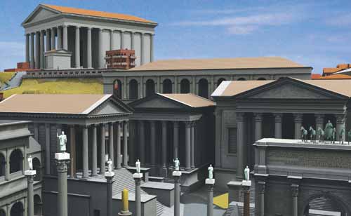 Визуализация панорамы с южной стороны римского форума с Капитолийским холмом на заднем плане