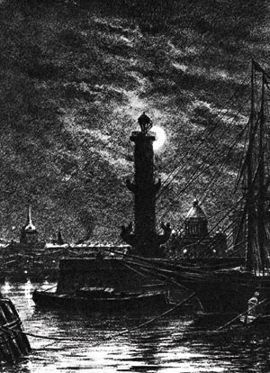 А.П. Боголюбов. Вид на Неву и Адмиралтейство от здания Биржи при лунном свете. Лито меццо-тинто. 1860 г.