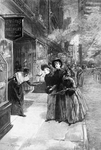 Вильям Аллен Роджерс. Зазывая покупателей (магазин в Нью-Йорке) Торцовая гравюра. 1890 г.