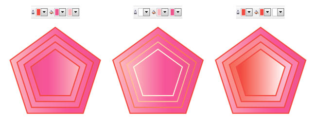 Рис. 9. Примеры настройки цвета эффекта Контур (б, в). Исходная фигура (а) имеет контур красного цвета и фонтанную заливку: линейный градиент от розового к малиновому цвету
