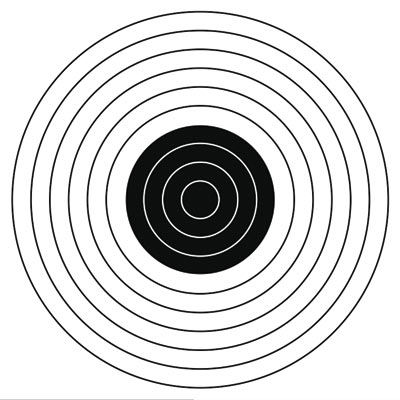 Рис. 16. Схема рисования мишени: а — создана окружность диаметром 500 мм с белой заливкой и черным абрисом; б — применен эффект контура К центру; в — для четырех внутренних кругов изменены цвета абриса и заливки на противоположные; г — нанесены цифры