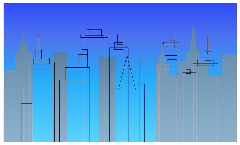Рис. 22. Создание заготовок контуров высотных зданий из прямоугольников и равнобедренных треугольников