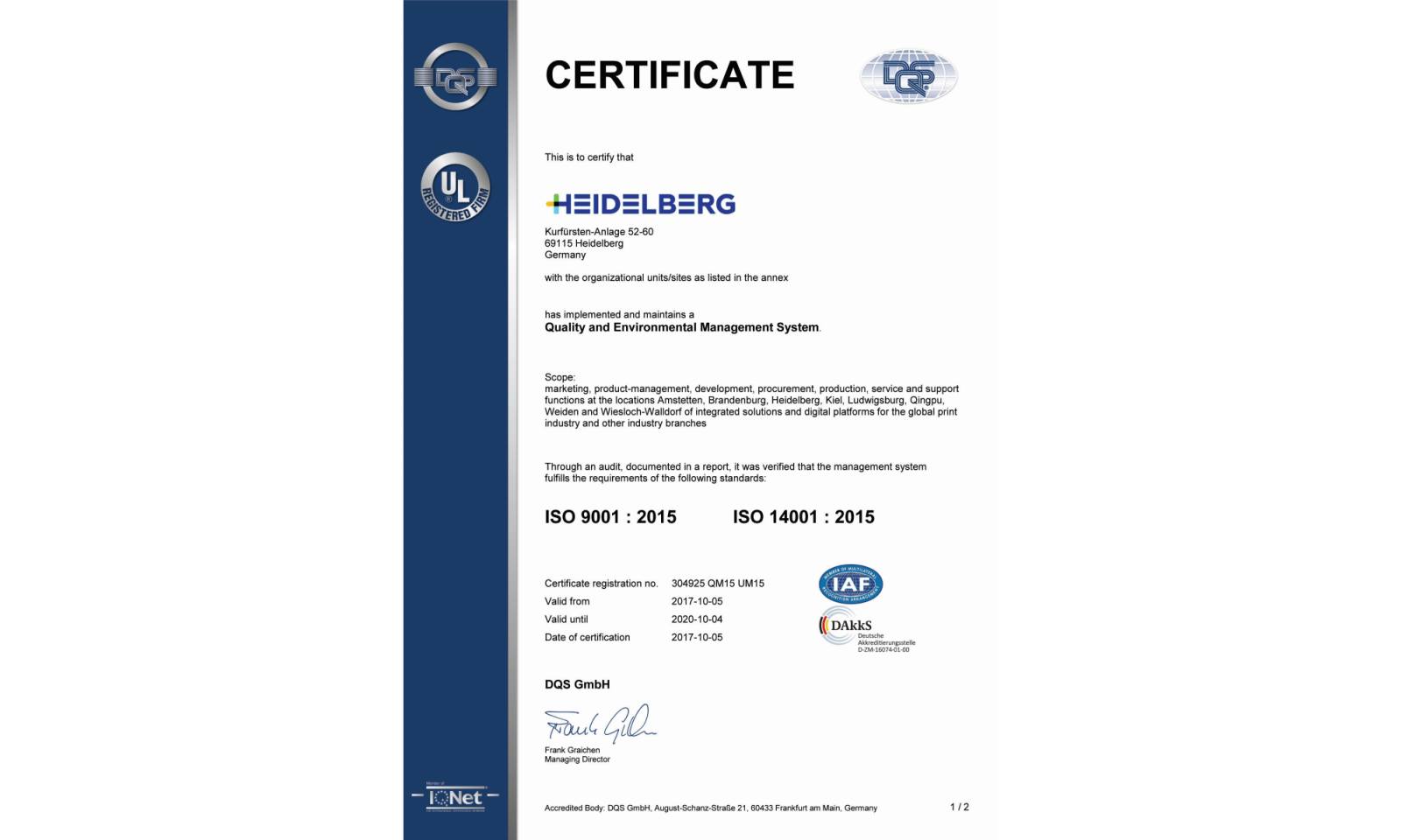 Компания Heidelberg успешно завершила сертификацию систем управления по новым международным стандартам ISO 9001:2015 и ISO 14001:2015