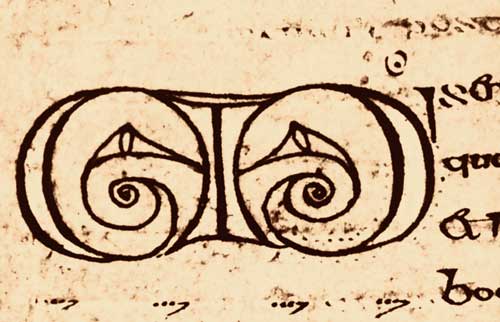 Рис. 3. Согласно преданию, эти инициалы начертаны рукой святого Коломбо, одного из первых ирландских миссионеров. Буквы имеют окончания в виде птичьих голов и рыбьих хвостов. Рукопись «Катах». Ирландия, VI век