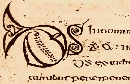 Рис. 3. Согласно преданию, эти инициалы начертаны рукой святого Коломбо, одного из первых ирландских миссионеров. Буквы имеют окончания в виде птичьих голов и рыбьих хвостов. Рукопись «Катах». Ирландия, VI век