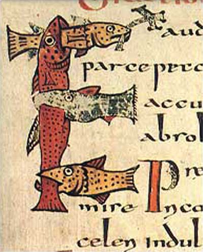 Рис. 5. Букву «E» из Парижского сакраментария можно пояснить словами Тертуллиана, сказанными им о крещении: «Мы же, рыбки, вслед за “рыбой” нашей, Иисусом Христом, рождаемся в воде»3. Франция, VIII век