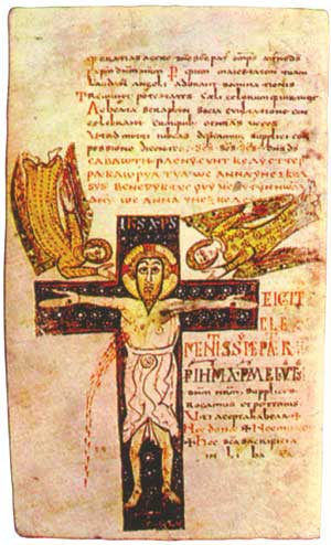 Рис. 13. Буква «Т» в виде креста с распятым на нем Христом. Ею начинается канон, посвященный таинству евхаристии. Геллонский сакраментарий, 790-795 годы