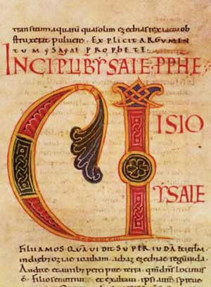 Рис. 15. Буква «V» в начале Книги пророка Исайи включает архитектурные элементы. Италия, XI век