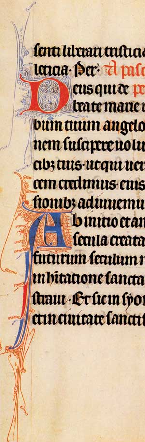 Рис. 3. Цвета филигранных инициалов на странице обычно чередуются: красная буква — синий орнамент и наоборот. Реймский миссал. Франция, 1285-1297 годы