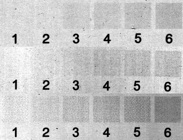 Рис. 5. Микроснимки тестовых полей в высоких светах (сверху — ABS 170, в середине — ABS 225, внизу — Sublima 210)