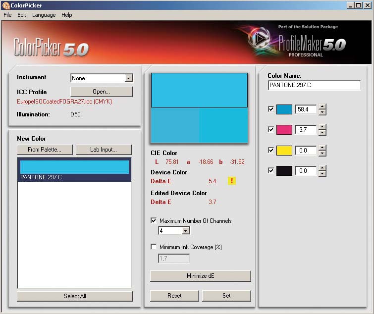 Рис. 3. Модуль ColorPicker в программе ProfileMaker 5.x