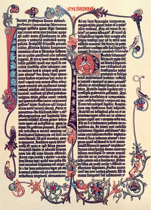 Рис. 1. Рукописные инициалы «I» и «P» в типографическом шедевре Иоганна Гутенберга 42-строчная Библия. Майнц, 1452-1455 годы