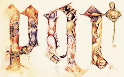 Рис. 1. Фигурные буквы Джованнино де Грасси служили примером для подражания не одному поколению художников. Инициалы «P», «Q» и «R» из Бергамского алфавита. Милан, около 1390 года