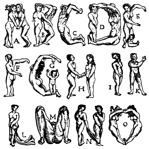 Рис. 6. Петер Флётнер был талантливым скульптором, и его интерес к пластическим возможностям человеческого тела, несомненно, отразился в этом алфавите. Однако трудно представить себе ренессансное издание, снабженное подобными заглавными буквами Фигуры из «Человеческого алфавита». Нюрнберг, 1534 год