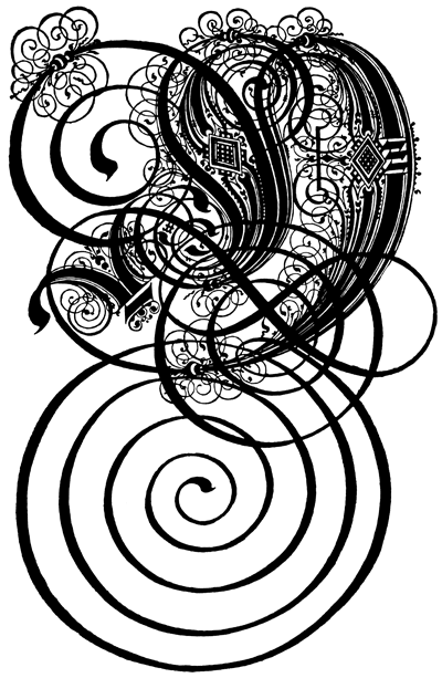Рис. 1. Спиральный росчерк, выступающий из плетения танцующих линий, — несомненно, та главная пружина, что приводит в действие этот сложный механизм Буква «Y» из каллиграфического алфавита Пауля Франка. Мемминген, 1601 год