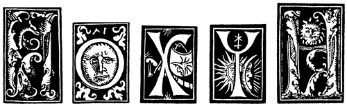 Рис. 8. Франциск Скорина так настойчиво тиражировал свой сигнет, что даже изображенные по отдельности, в разных буквах небесные светила воспринимаются частями общего знака Прага, 1517-1519 годы