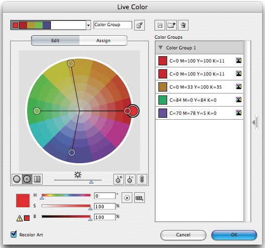 Рис. 7. Live Color «разговаривает» с дизайнером на родном языке представления цвета — с помощью цветового круга. Маркер в конце каждой линии указывает на выбранный цвет