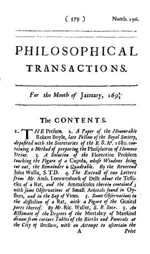 Титульная страница журнала Philosophical Transactions of the Royal Society