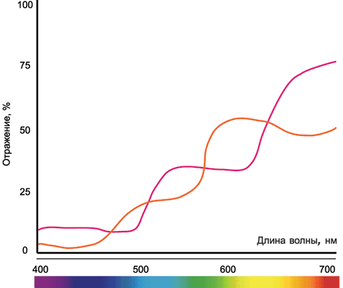 Рис. 2. Характерное поведение спектральных кривых отражения при наличии метамеризма объектов