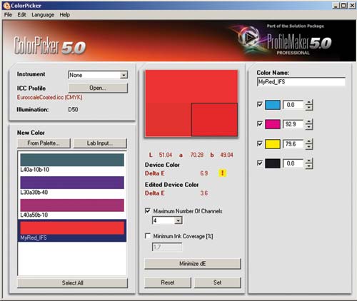 Рис. 2. Profile Maker эмулирует возможность воспроизведения чистого цвета красками CMYK