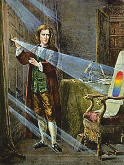 Рис. 6. Опыт Ньютона по разложению света на спектр. Ученый разработал теорию цвета, согласно которой цвет объектов зависит от цветного света, а сам объект не может генерировать цвет