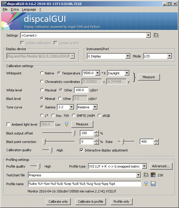 Рис. 4. Скриншоты окон настройки программ X-Rite i1Match (слева) и dispcalGUI
(графический интерфейс для системы управления цветом с открытым кодом Argyll CMS)