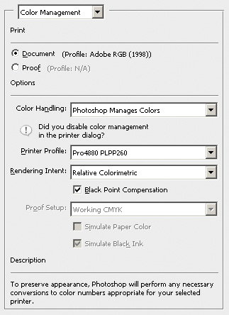 Рис. 3. Фрагмент окна печати Adobe Photoshop с применением ICC-профиля принтера