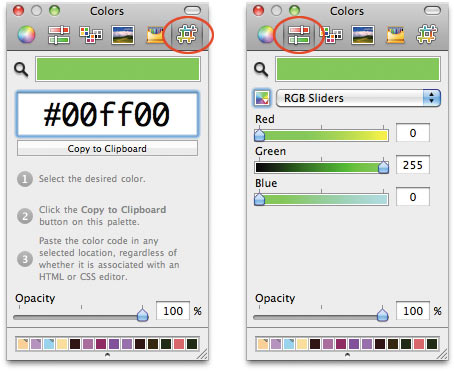 Рис. 8. Палитра Colors: вкладка Web Colors (слева), вкладка Color Sliders