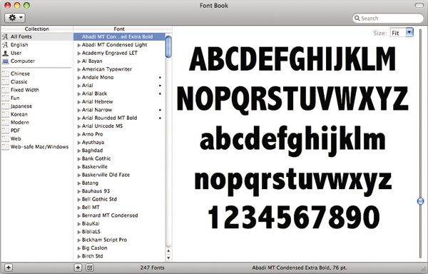 Системная шрифтовая панель в Mac OS X