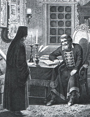 Встреча самозванца (в монашеской рясе) и царя Бориса Годунова