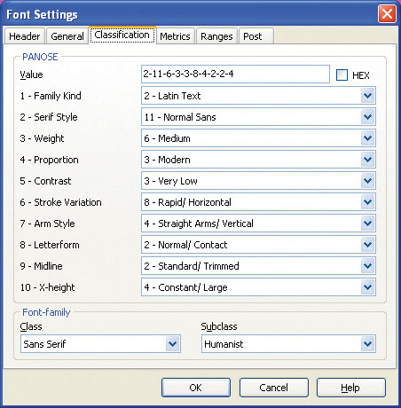Установки PANOSE в шрифтовом редакторе FontCreator 5.5