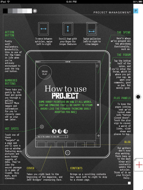Схема управления интерфейсом и страница журнала Project на экране iPad