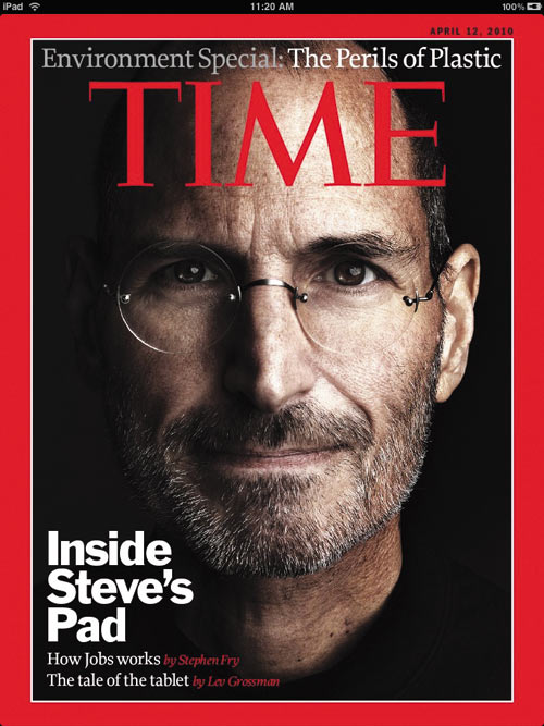 А все началось, как это часто бывает, с одного человека, или, по крайней мере, не без его участия и  одобрения (Стив Джобс на обложке iPad-версии журнала TIME)