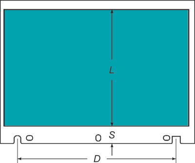 Рис. 4. Печатная форма со штифтовыми отверстиями: L — формат поля изображения; S — передняя кромка формы; D — расстояние между пазами