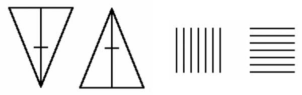 Рис. 14. Иллюзия вертикальных и горизонтальных линий: а — кажется, что высота треугольника поделена не на равные части; б — фигура из горизонтальных линий кажется уже и выше