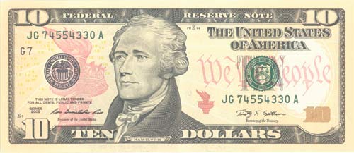 Рис. 1. Лицевая сторона американской «модернизированной» 10-долларовой банкноты серии 2009 года. Привычная «зелень» разбавлена розовыми элементами