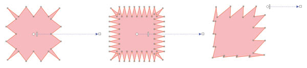 Рис. 4. Искажение квадрата с помощью интерактивных маркеров в режиме Zipper: а — изменение амплитуды; б — увеличение частоты;