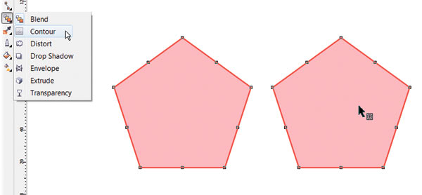 Рис. 1. К выделенному пятиугольнику применяется инструмент Contour (Контур). Указатель изменился (справа)