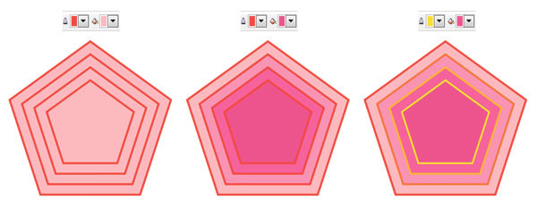 Рис. 8. Примеры настройки цвета эффекта Контур (б, в). Исходная фигура (а) имеет контур красного цвета и однородную заливку розового цвета