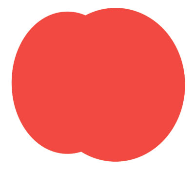 Рис. 14. Схема рисования яблока: а — созданы два пересекающихся овала; б — к группе применен внешний контур с шагом 1; в — контур и управляющий объект разъединены, исходный объект удален; г — полученная фигура закрашена красным цветом, контур (абрис) удален; д — к фигуре применен внутренний контур желтого цвета с большим числом шагов