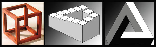 Рис. 4. Невозможные в реальности фигуры: а) куб Эшера; б) лестница; в) треугольник Пенроуза