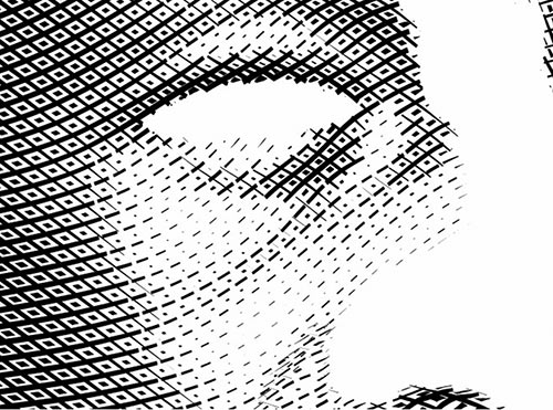 Рис. 3. Лицо человека является важным показателем работы программы SM. Щека, нос, глаз выполнены тремя группами штриховок (а) с незаметными перехлестами. Но прежде нужно провести маскирование участков изображения (б)