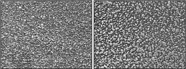 Рис. 3. Микрофотографии слоя композиции, полученные методом сканирующей электронной микроскопии до травления плазмой (а), и после травления в плазме аргона (б); увеличение 5000-кратное