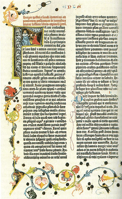 Рис. 1. Полоса из Библии Иоганна Гуттенберга (Книга Бытия). Цветные иллюстрации сделаны вручную (отпечатано в Майнце ок. 1454 года)