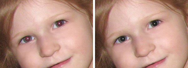 Рис. 2. Исходная фотография (слева) и результат удаления красного блика инструментом Эффект красных глаз 