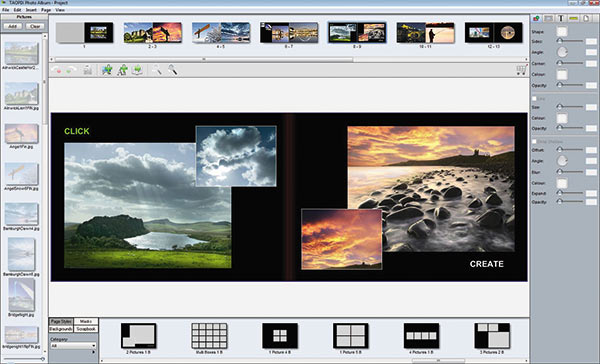 Интерфейс программы Taopix. В левой части окна открыта палитра выбора фотографий, в нижней — палитра выбора готовых шаблонов для компоновки страниц 