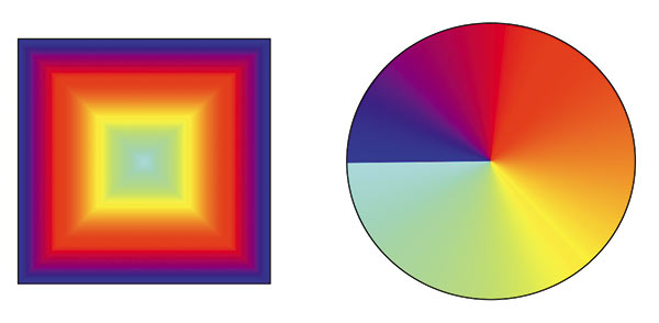 Рис. 2. Новые разновидности фонтанных заливок, появившиеся в распоряжении пользователей CorelDRAW X7: прямоугольная (слева) и коническая
