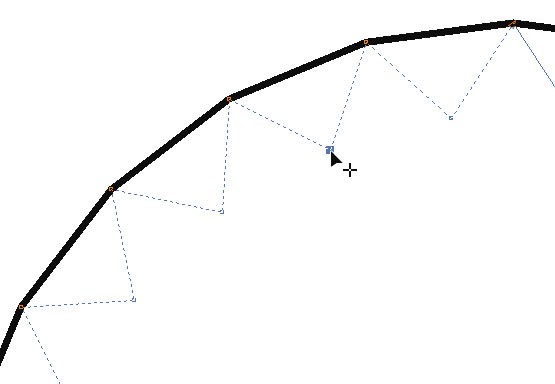 Рис. 5. В процессе смещения узловой точки контур модифицированного многоугольника отображается синей пунктирной линией