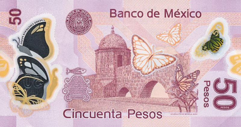 Рис. 5. Мексиканская банкнота достоинством в 50 песо. Детали бабочек на купюре выполнены по технологии G-switch